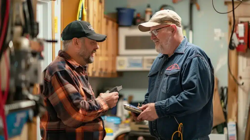 Urgent Signs Indicating You Need Electrical Help Fast 6 a confident homeowner consults with a professional electrician in a well-lit room, surrounded by tools and equipment, as they engage in a discussion about safety, credentials, and repair costs during an electrical emergency.